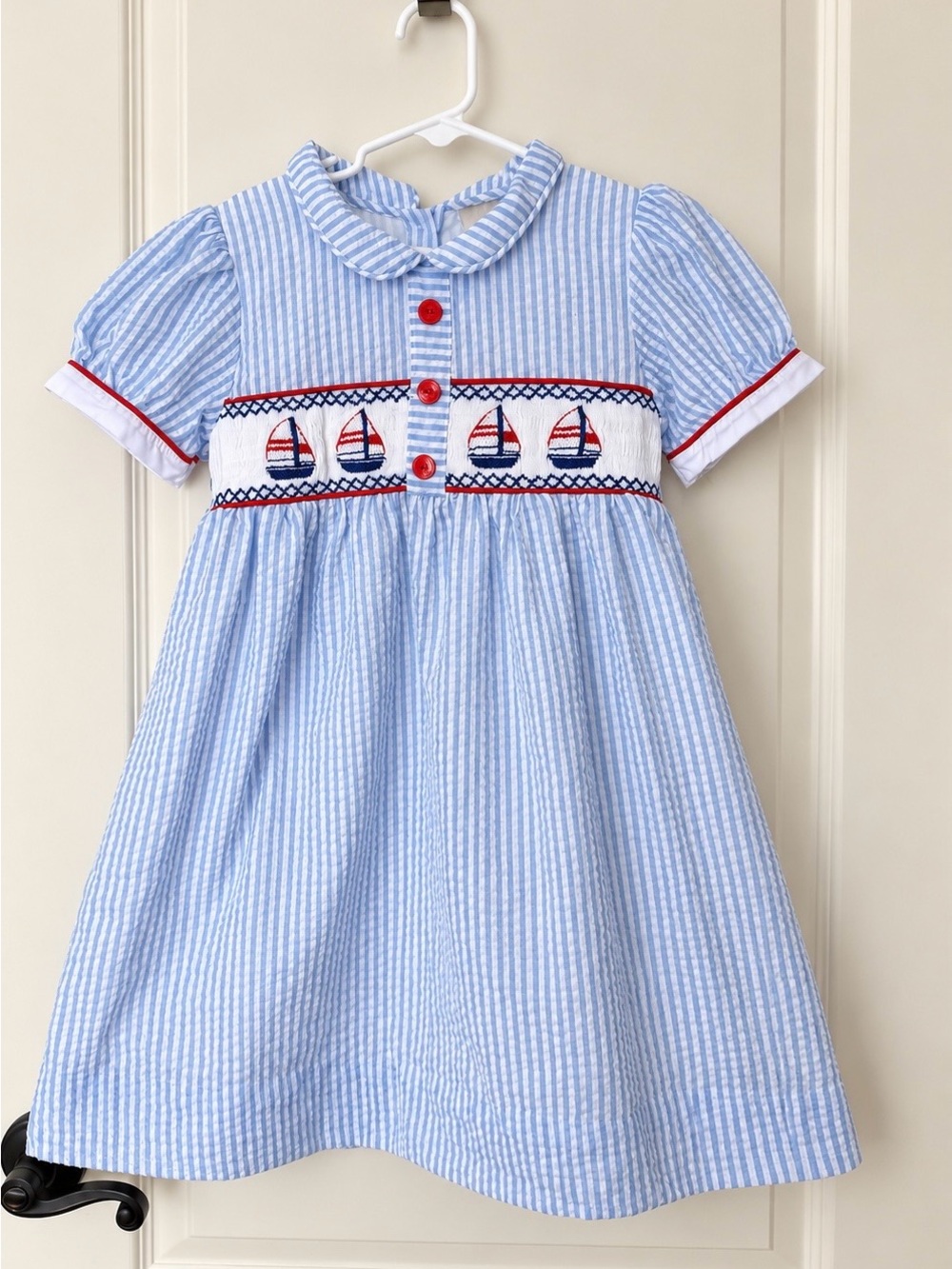 Smockingbird Girls Smocked Sailboat Seersucker Dress Size 5